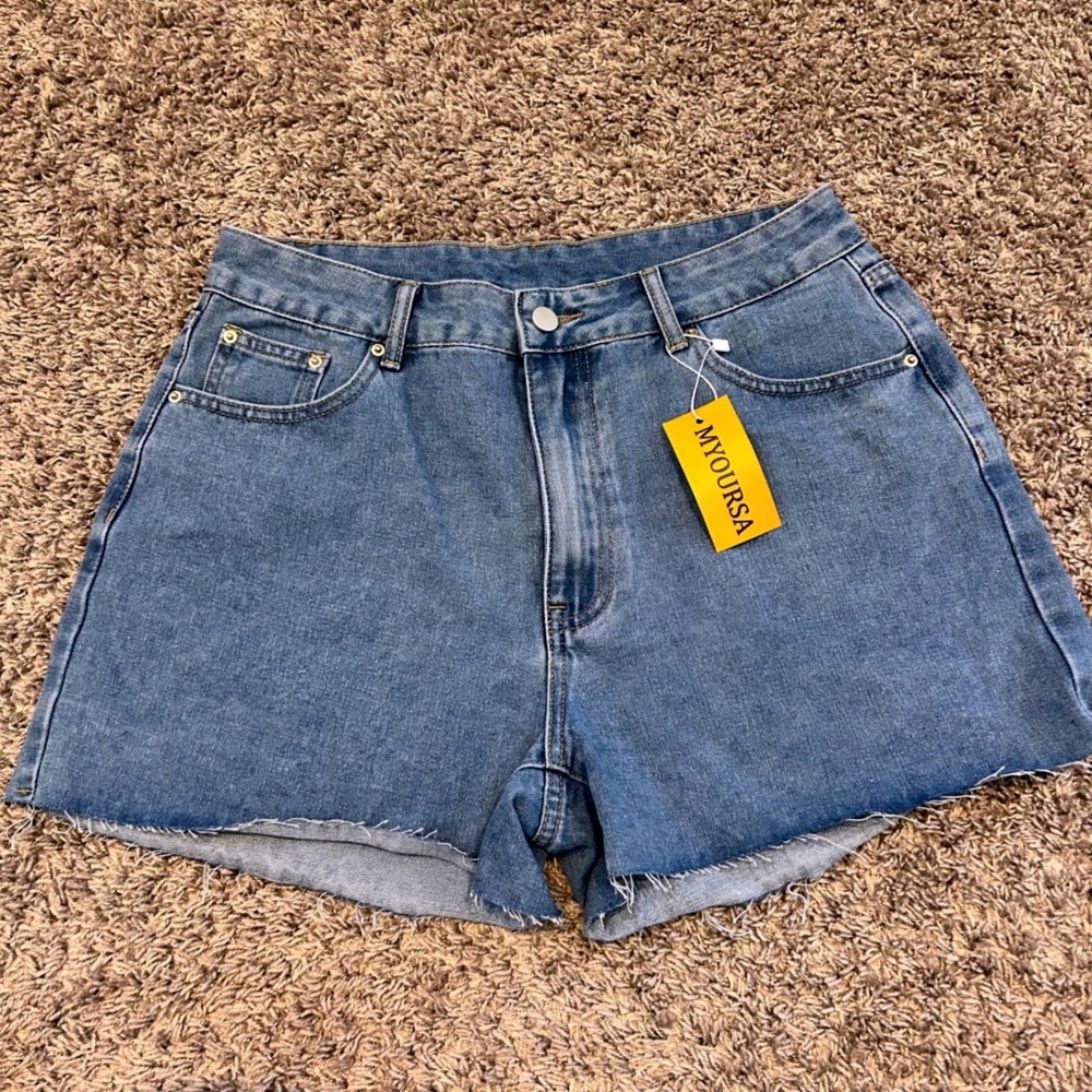 MYOURSA Womens‎ High Waisted Denim Shorts Raw Hem Blue Size L MYS360